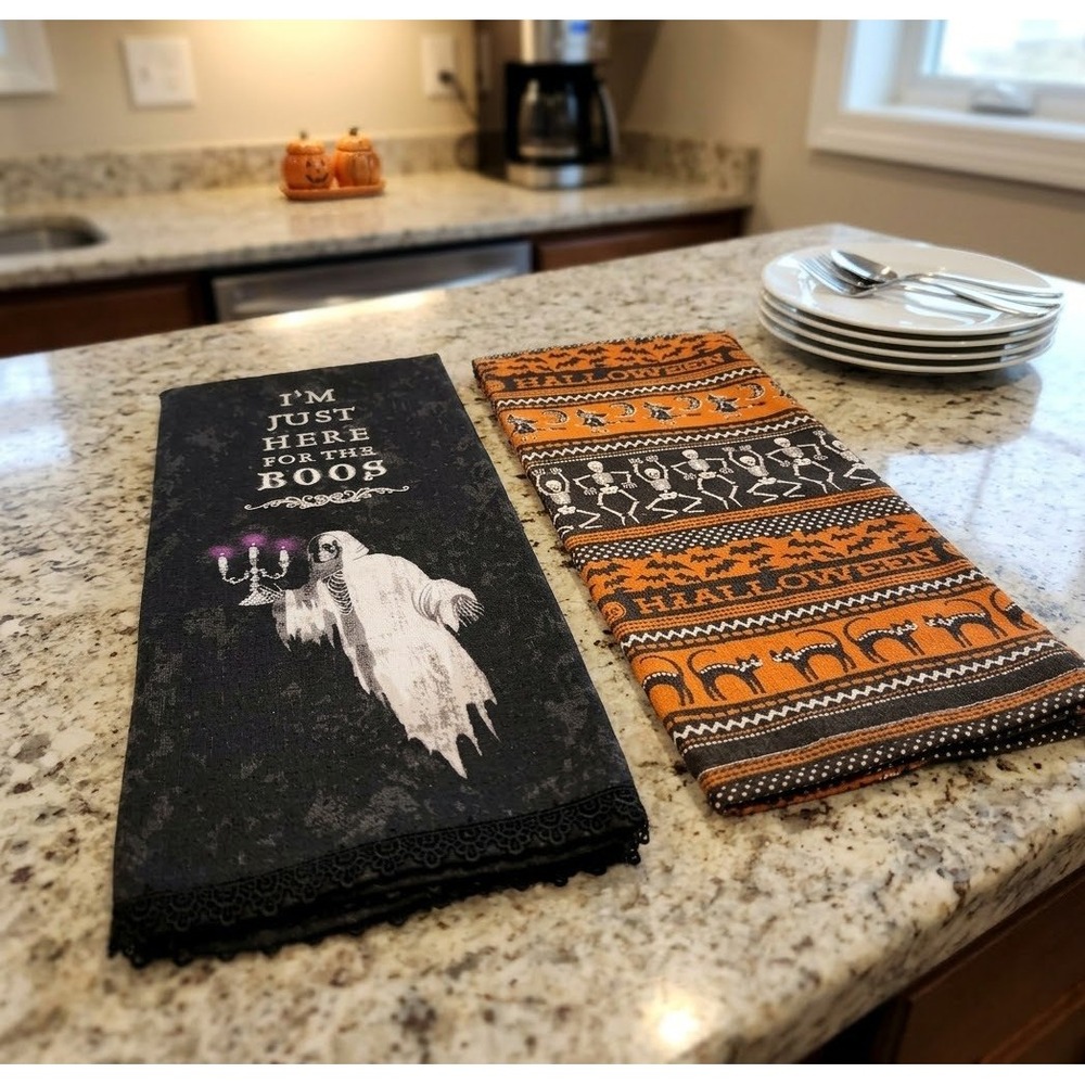 Halloween Kitchen Towel Set I'm Just Here For The Boos Ghost Skeletons Cat NEW